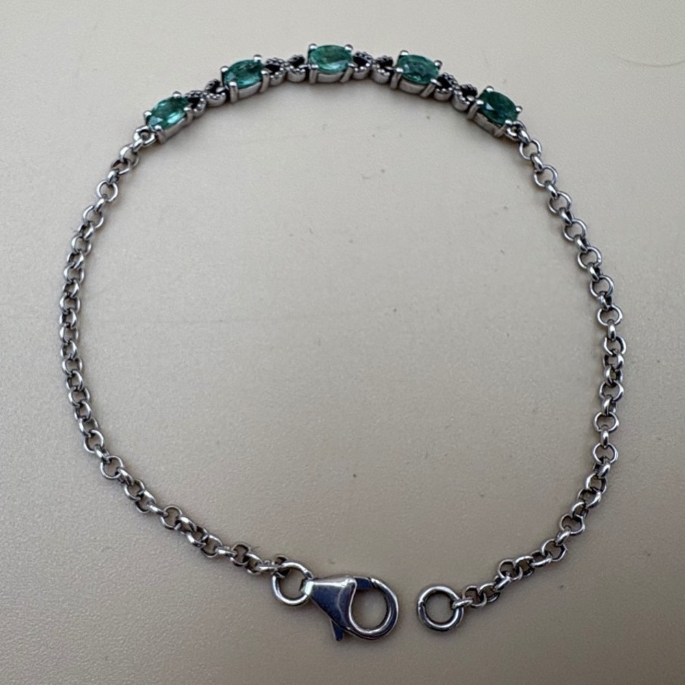 VTG 925 Sterling Silver Natural Green Emerald Oval Station Link Bracelet 7.25in